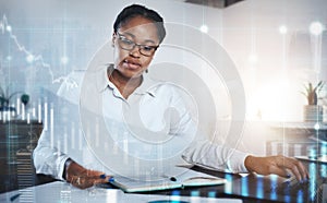 Stock trading, hologram and black woman with finance documents for review, report and data analytics. Futuristic