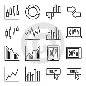 Stock trading icon set vector illustration. Contains such icon as Online trading, Buy, Sell, Portfolio, Candle, Pie chart and more photo