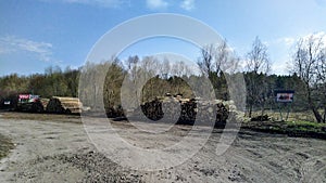 Stock of tree timbers in rural countryside