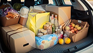 Stock Up and Save: Groceries Packed in the Car Trunk for Home Delivery - ai generated