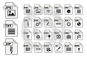 stock vector black and white file type icon symbol. colorful set of file type icons file format icon set.