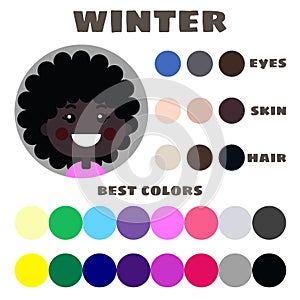 Stock vector color guide. Eyes, skin, hair color. Seasonal color analysis palette with best colors for winter type