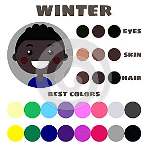 Stock vector color guide. Eyes, skin, hair color. Seasonal color analysis palette with best colors for winter type