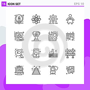 Stock Vector Icon Pack of 16 Line Signs and Symbols for insurance, people, science, bow tie, research