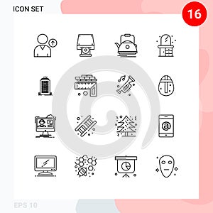 Stock Vector Icon Pack of 16 Line Signs and Symbols for skyscaper, bulding, kettle, dresser, home