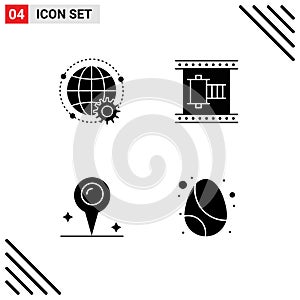 Stock Vector Icon Pack of 4 Line Signs and Symbols for connected, movie strip, globe, film, location