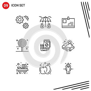 Stock Vector Icon Pack of 9 Line Signs and Symbols for amper, sweet, id card, lollipop, celebration
