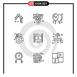 Stock Vector Icon Pack of 9 Line Signs and Symbols for filam, vedio, affection, craft, arts