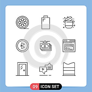 Stock Vector Icon Pack of 9 Line Signs and Symbols for money, dollar, karahi, signal, bluetooth