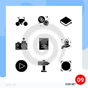 Stock Vector Icon Pack of 9 Line Signs and Symbols for photography, flash photography, dollar, flash camera, lbry credits