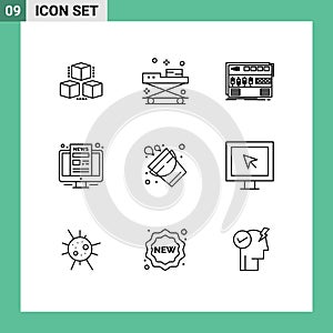 Stock Vector Icon Pack of 9 Line Signs and Symbols for screen, monitor, stretcher, computer, rackmount