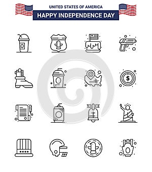 Stock Vector Icon Pack of American Day 16 Line Signs and Symbols for shose; army; festival; security; usa