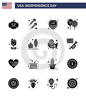 Stock Vector Icon Pack of American Day 16 Solid Glyph Signs and Symbols for usa; flower; shield; party; celebrate