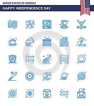 Stock Vector Icon Pack of American Day 25 Blue Signs and Symbols for american; ice sport; map; hokey; presidents