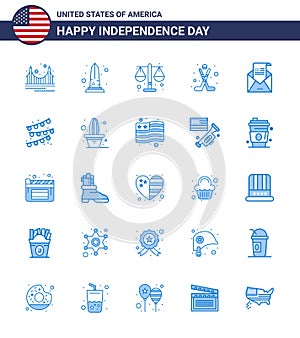Stock Vector Icon Pack of American Day 25 Blue Signs and Symbols for sport; hokey; usa; american; law
