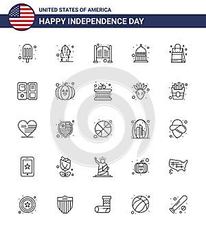 Stock Vector Icon Pack of American Day 25 Line Signs and Symbols for handbag; usa; doors; statehouse; indiana