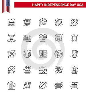 Stock Vector Icon Pack of American Day 25 Line Signs and Symbols for hokey; football; map; ball; states