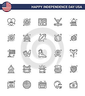 Stock Vector Icon Pack of American Day 25 Line Signs and Symbols for indianapolis; american; book; sport; hokey