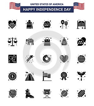 Stock Vector Icon Pack of American Day 25 Solid Glyph Signs and Symbols for doors; america flag; burger; party; celebrate