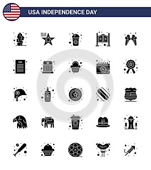 Stock Vector Icon Pack of American Day 25 Solid Glyph Signs and Symbols for ice; western; bottle; saloon; door