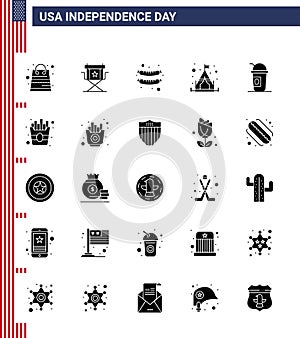 Stock Vector Icon Pack of American Day 25 Solid Glyph Signs and Symbols for limonade; america; television; tent; camp