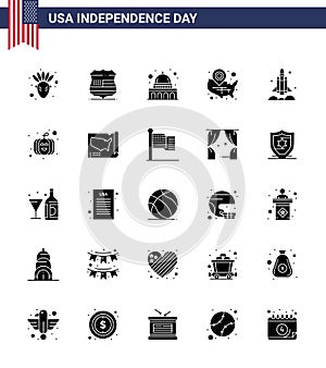 Stock Vector Icon Pack of American Day 25 Solid Glyph Signs and Symbols for rocket; location pin; madison; wisconsin; states