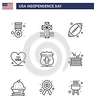 Stock Vector Icon Pack of American Day 9 Line Signs and Symbols for american; sheild; footbal; usa; love