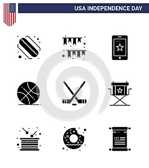 Stock Vector Icon Pack of American Day 9 Line Signs and Symbols for ice sport; usa; mobile; sports; backetball