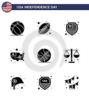 Stock Vector Icon Pack of American Day 9 Line Signs and Symbols for sports; backetball; american; usa; states