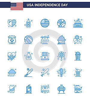 Stock Vector Icon Pack of American Day 25 Blue Signs and Symbols for house; place; flag; usa; ball