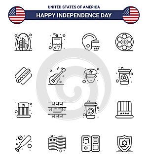 Stock Vector Icon Pack of American Day 16 Line Signs and Symbols for american; american; cola; video; movis