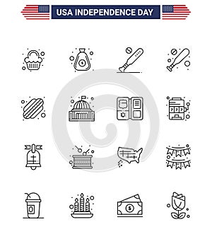 Stock Vector Icon Pack of American Day 16 Line Signs and Symbols for hotdog; hardball; ball; bat; usa photo