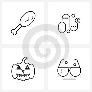 Stock Vector Icon Set of 4 Line Symbols for chicken piece, Halloween, business, online, glasses