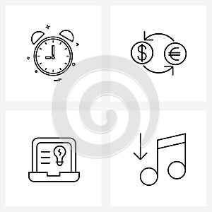 Stock Vector Icon Set of 4 Line Symbols for alarm, laptop, time, dollar, working