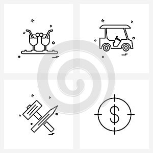 Stock Vector Icon Set of 4 Line Symbols for food, labour, glass, cabby, hardware