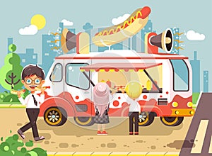 Vector illustration cartoon characters children, pupils, schoolboys and schoolgirl buy fast food, sandwiches, hot dogs photo