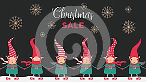 Stock vector illustration with Christmas sale banner. Cute elves invite you to buy gifts for Christmas and New Year