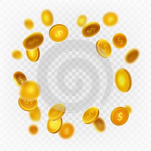 Stock vector illustration defocused realistic falling gold coins. Rain from money. Isolated on transparent checkered background.