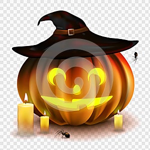 Stock vector illustration Halloween pumpkin isolated on a transparent background. Jack o lantern. Witch Hat, candles, spiders.