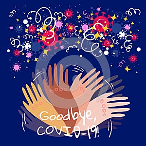 Stock vector illustration of hands with different skin colors waving goodbye to the passing coronavirus