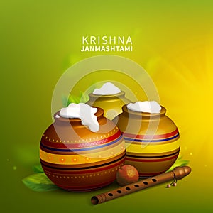 Stock vector illustration Krishna Janmashtami. Indian festival. Hinduism. Gulab Jamun, flute, crock, leaves. EPS 10