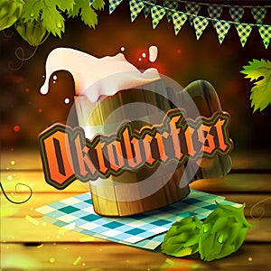 Stock vector illustration Oktoberfest Beer Festival. Realistic wooden old beer mug malt, hop. Pint. Spilling beer. Oktoberfest