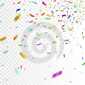 Stock vector illustration of realistic colorful confetti, glitters Isolated on a transparent checkered background. Festive