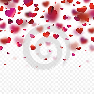 Stock vector illustration realistic falling shiny red hearts isolated on a transparent background. Valentine Day background.