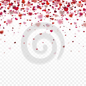 Stock vector illustration realistic falling shiny red hearts isolated on a transparent background. Valentine Day background.