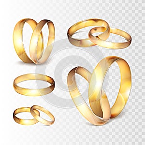 Stock vector illustration realistic gold wedding ring set Isolated on a transparent checkered background. EPS10