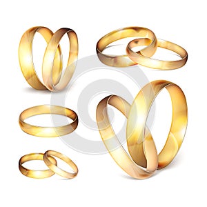 Stock vector illustration realistic gold wedding ring set Isolated on a transparent checkered background. EPS10