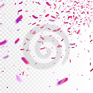 Stock vector illustration realistic pink and purple confetti, glitters Isolated on a transparent checkered background. Festive