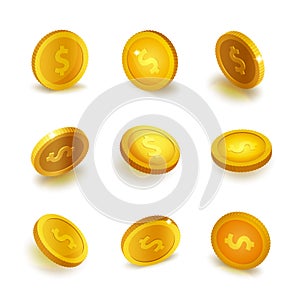 Stock vector illustration realistic set gold coins Isolated on white background. Golden coin. Gold coins, monies, money, cash,