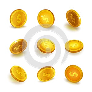 Stock vector illustration realistic set gold coins Isolated on white background. Golden coin. Gold coins, monies, money, cash, photo